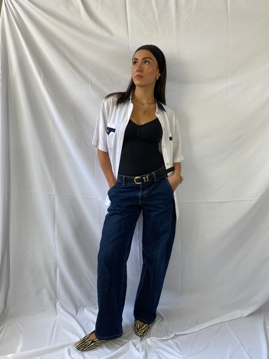 blaue FLECKEN! Bluse weiß blauer Kragen
